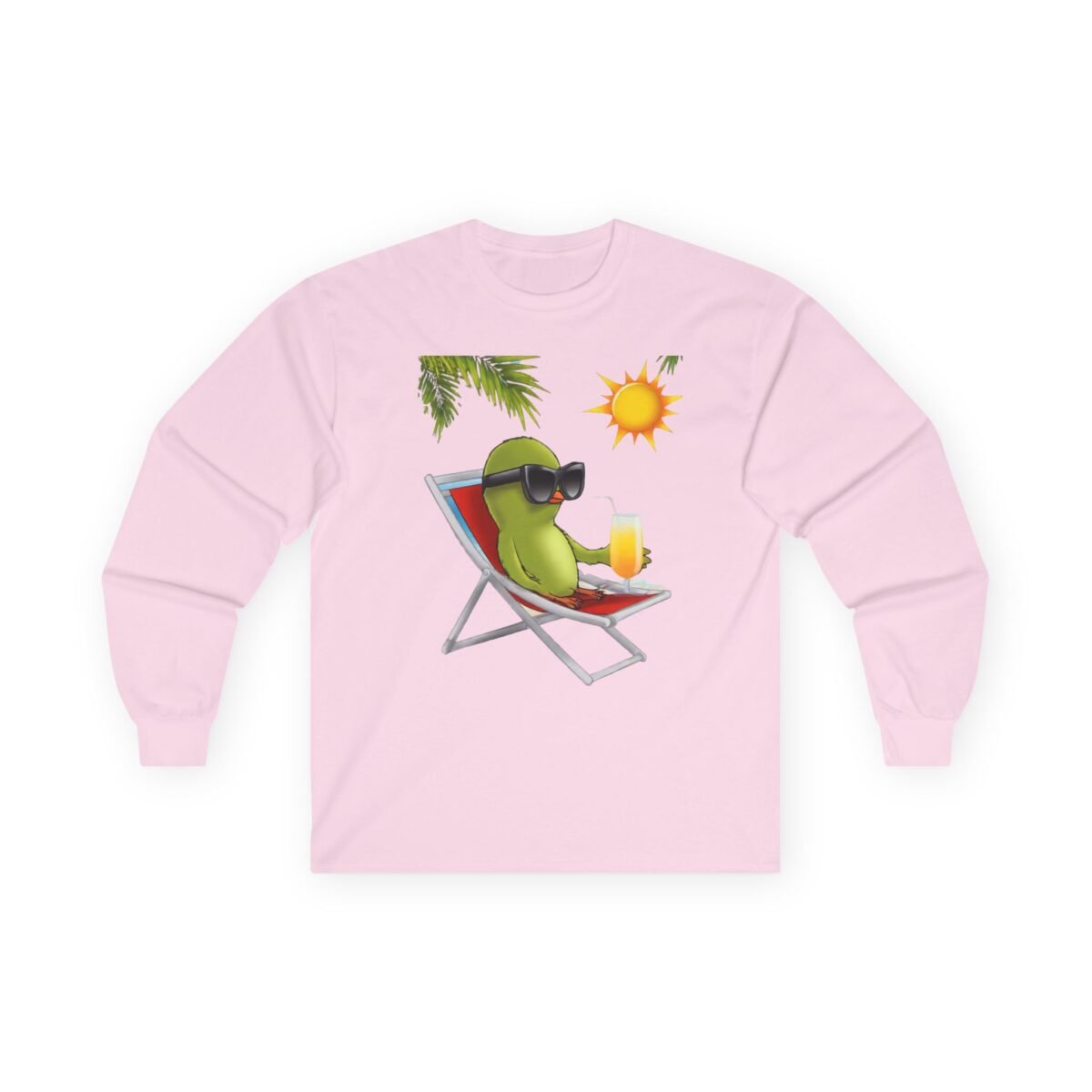 11689129531384687979_2048.jpeg Pink long-sleeve shirt featuring a green bird with sunglasses on a beach chair, holding a drink, under a sun and palm tree.