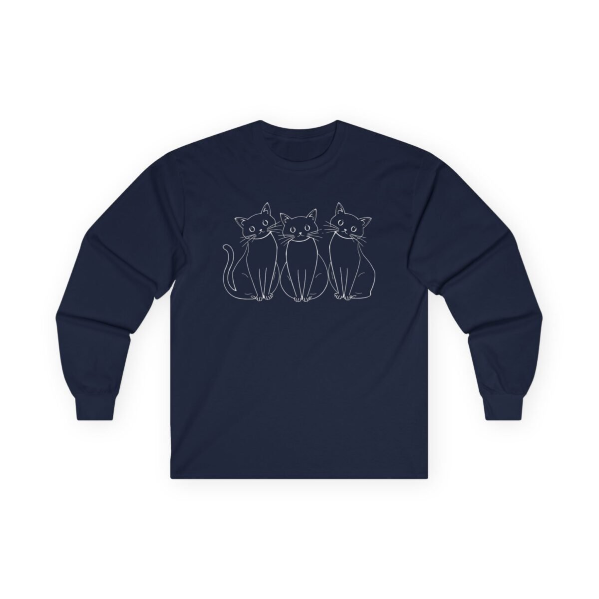11696676047039830798_2048.jpeg Dark blue long-sleeve shirt with a white outline drawing of three sitting cats.