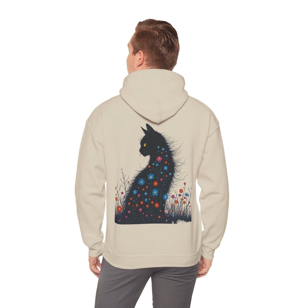 11708754539758943491_2048.jpeg Man wearing a hoodie with a cat silhouette and colorful flowers.