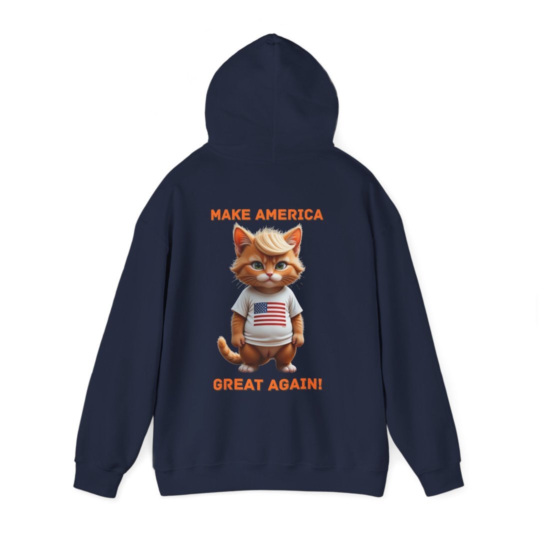11745974468650716670_2048.jpeg Navy hoodie with a cartoon cat wearing a USA shirt and text 'Make America Great Again'.
