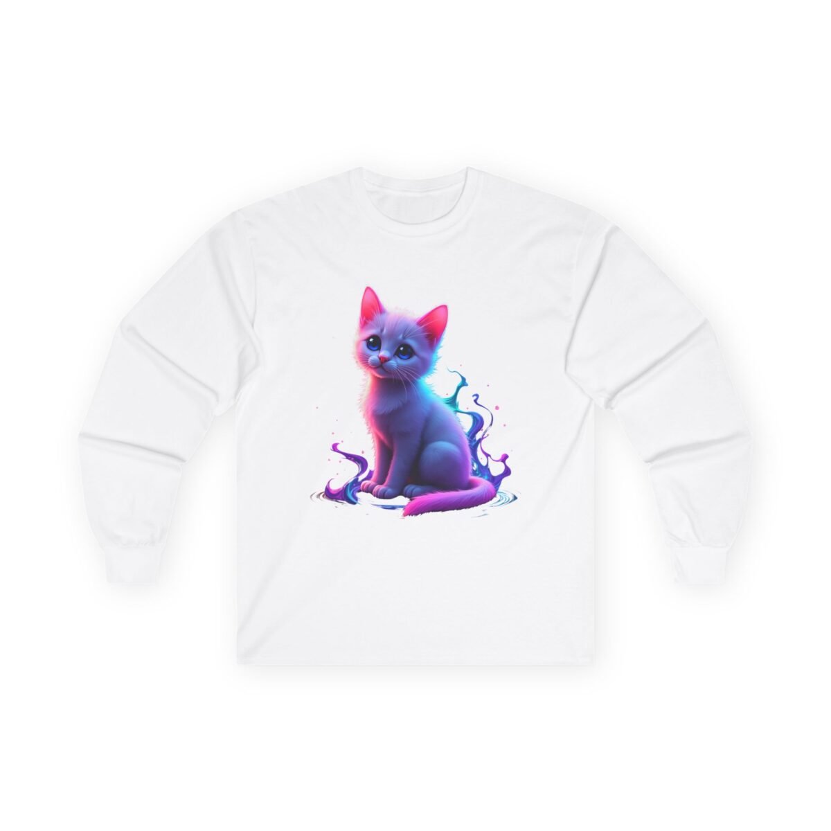 1186228738978492241_2048.jpeg Cute neon cat graphic on a white long-sleeve t-shirt.