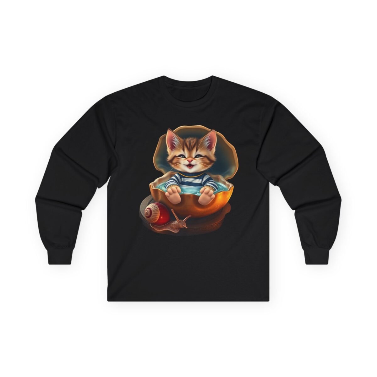 11996163100190706990_2048.jpeg A cute tabby kitten in a striped shirt sits in a clam shell bath with a snail nearby on a black long-sleeve shirt.
