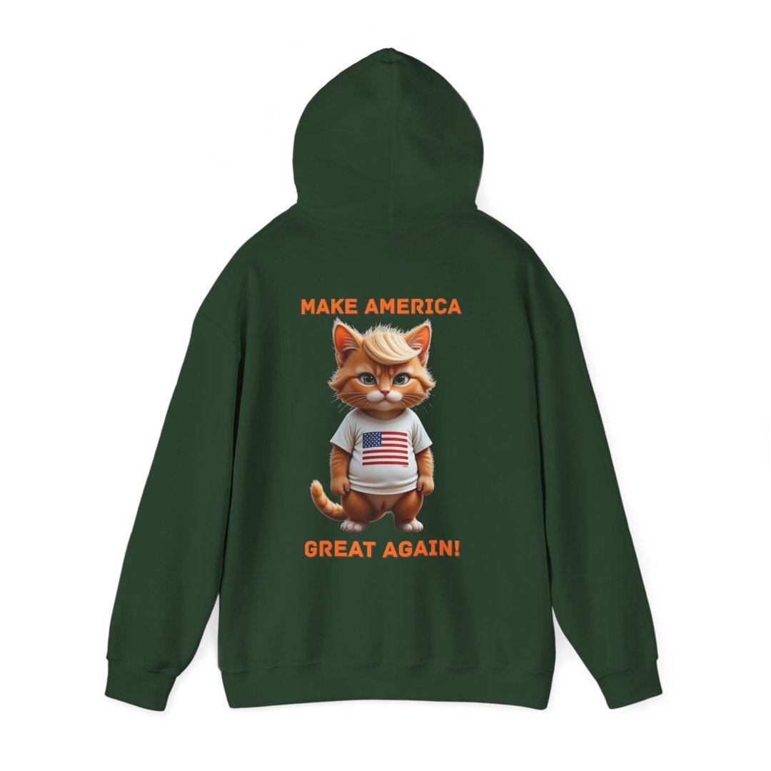 1223248222449518542_2048.jpeg Green hoodie with a cartoon cat wearing an American flag shirt and text 'Make America Great Again'.