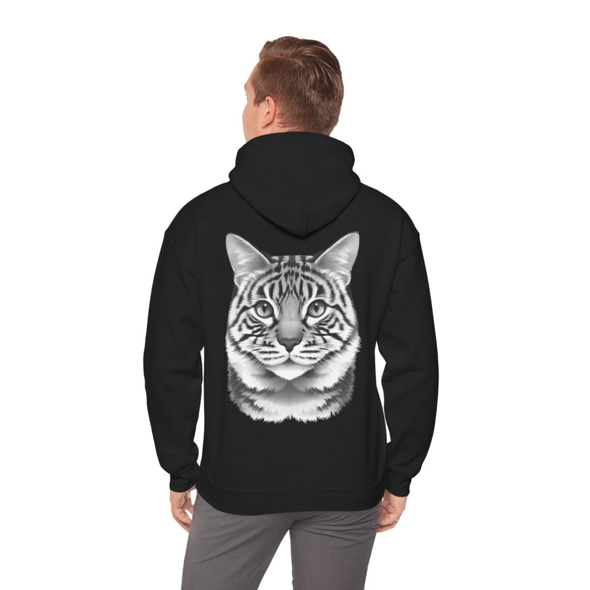 1245916212307486584_2048.jpeg Back of a person wearing a black hoodie with a grayscale tiger head design.