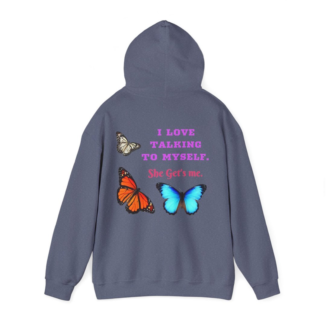 12602980755996068310_2048.jpeg Gray hoodie with colorful butterflies and text on the back.