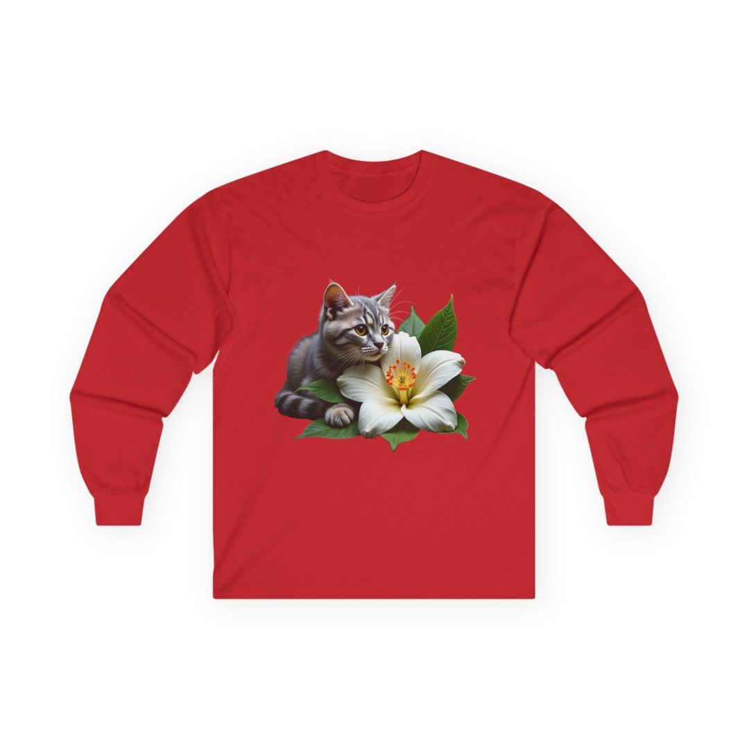 1265583076612907569_2048.jpeg Long-sleeved red t-shirt with a gray kitten lying next to a white lily.