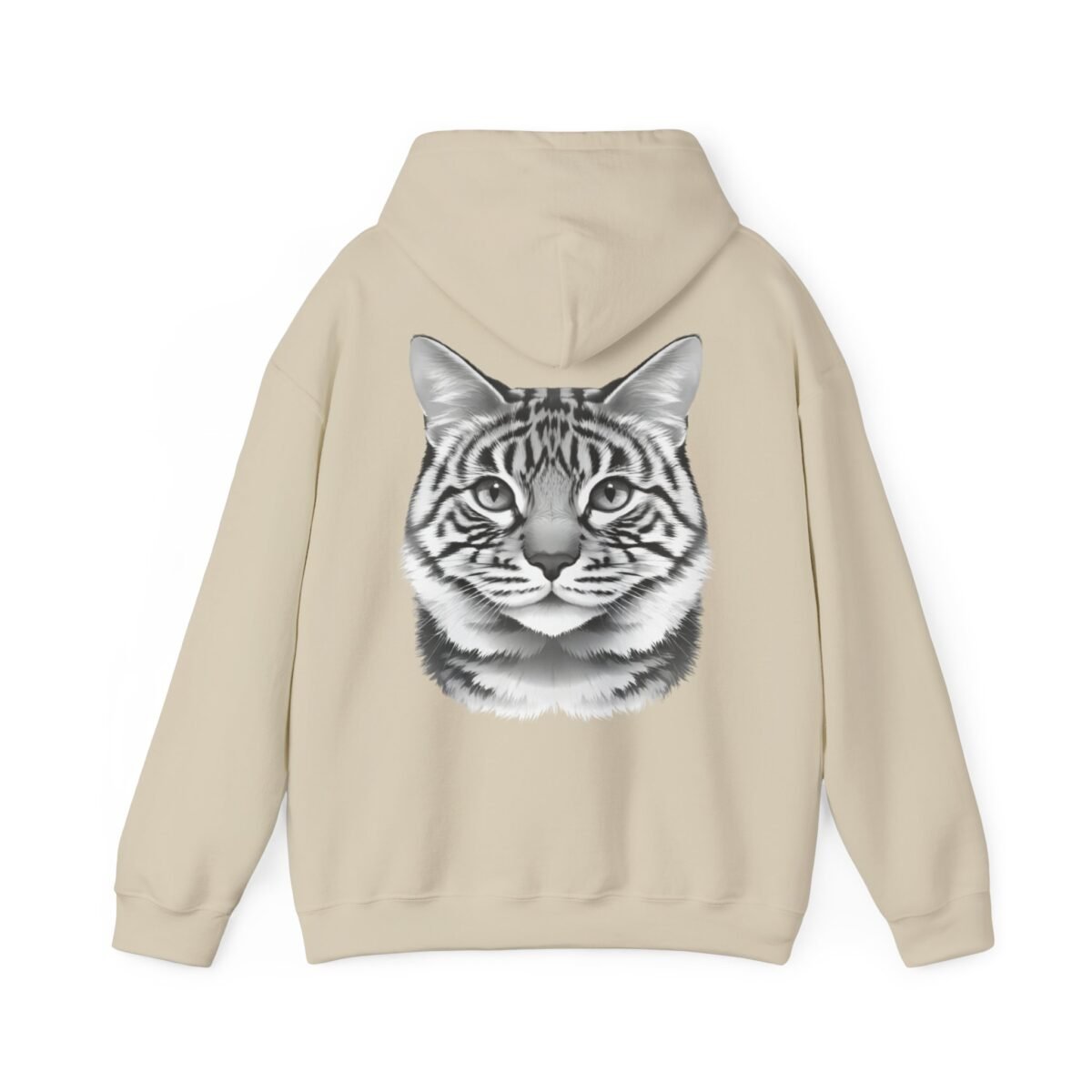 12672590032459651315_2048.jpeg Beige hoodie with a black and white striped cat face on the back.