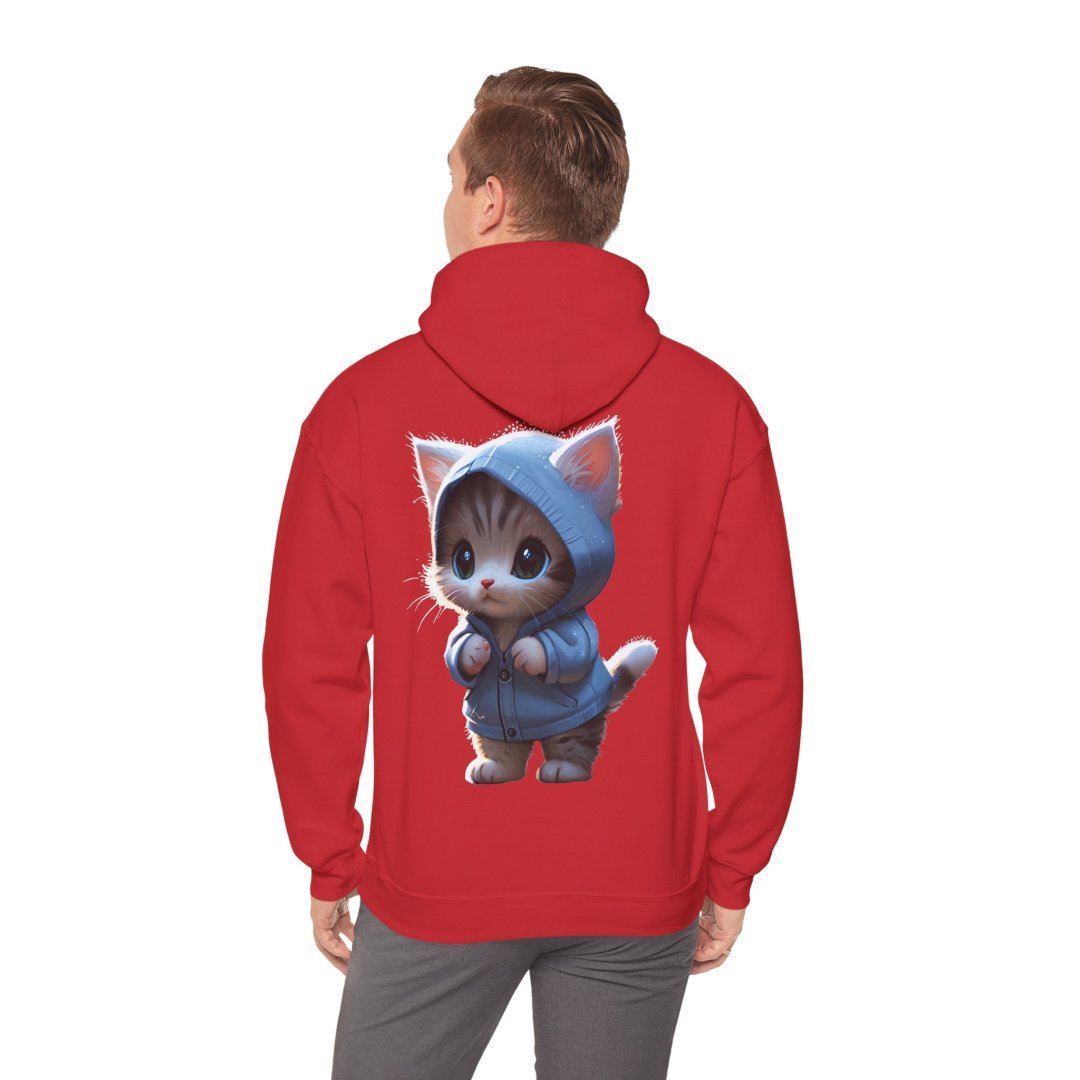 12788175094669978209_2048.jpeg Man wearing a red hoodie with a cute kitten in a blue hoodie design on the back.