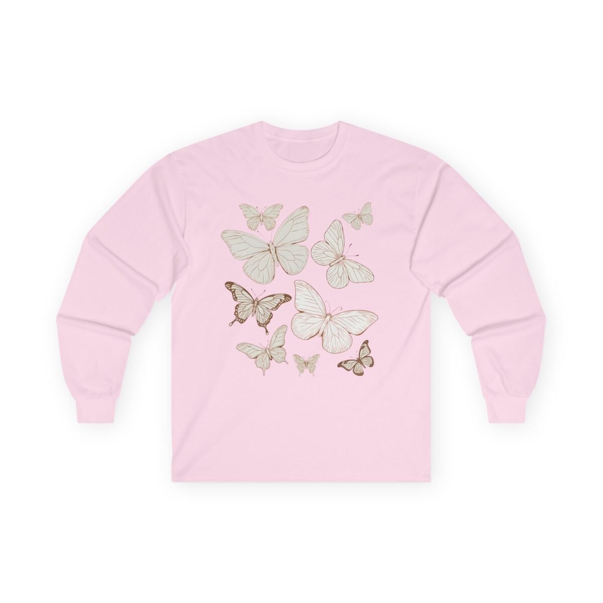 12874633428244398271_2048.jpeg Light pink long-sleeved shirt with various beige butterfly designs.