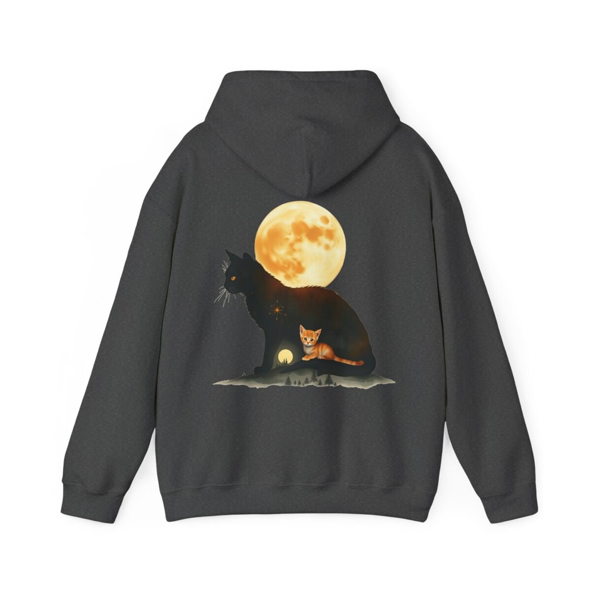 13054355777991096162_2048.jpeg Dark grey hoodie featuring a black cat silhouette with an orange kitten inside, under a large orange moon.