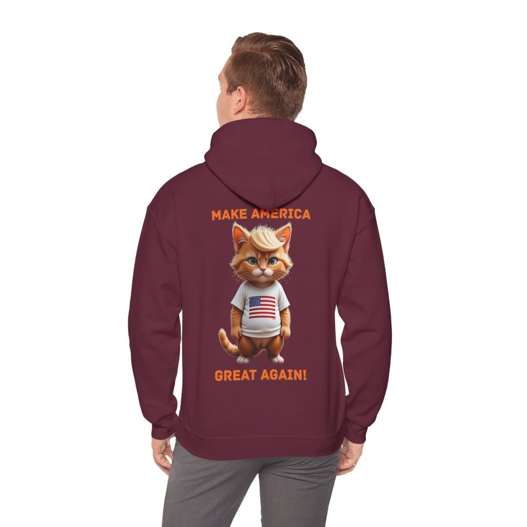 13060204962326964020_2048.jpeg Person wearing maroon hoodie with cartoon cat and 'Make America Great Again' text.