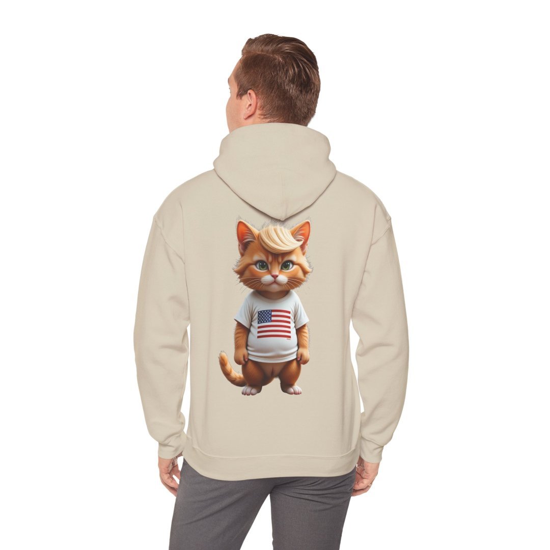 13090154347575212433_2048.jpeg Man wearing hoodie with cartoon cat in American flag shirt on back.