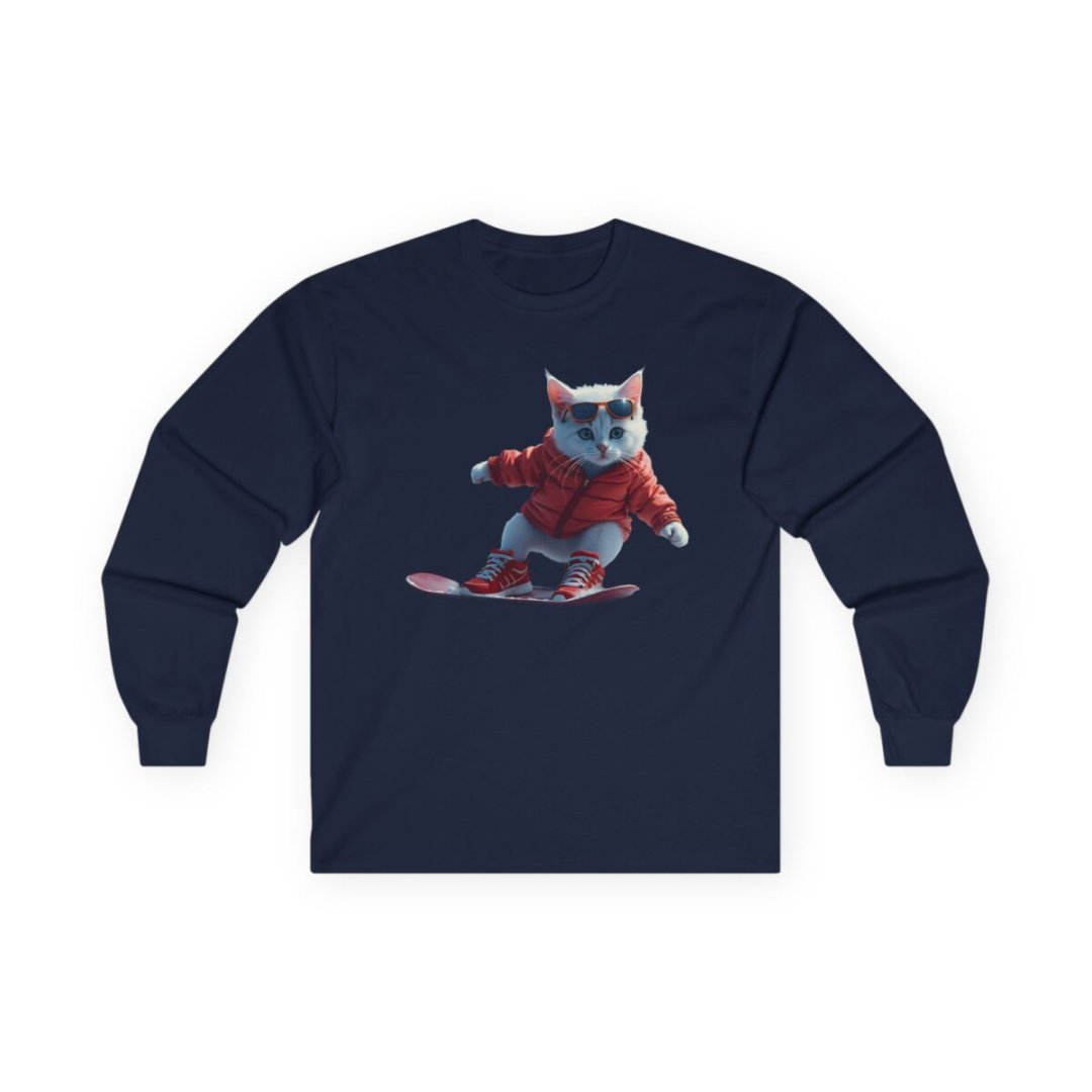 1314073083524866933_2048.jpeg Cat in a red jacket skateboarding on a navy blue long-sleeve shirt.