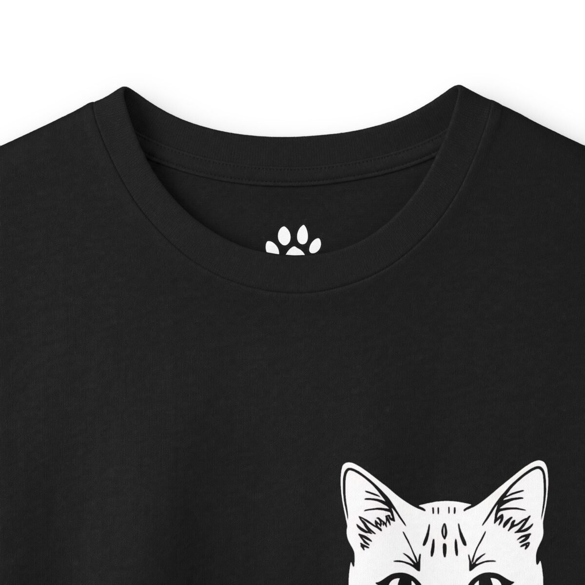 13313344269812025854_2048.jpeg Black t-shirt with a white cat peeking from the bottom and a paw print on the back collar.