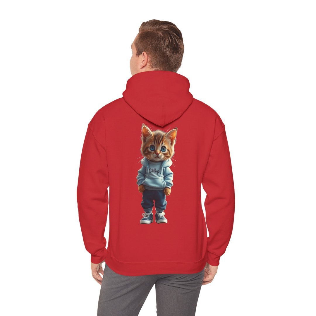 13375421453566786999_2048.jpeg Man wearing a red hoodie with a cute kitten graphic on the back.