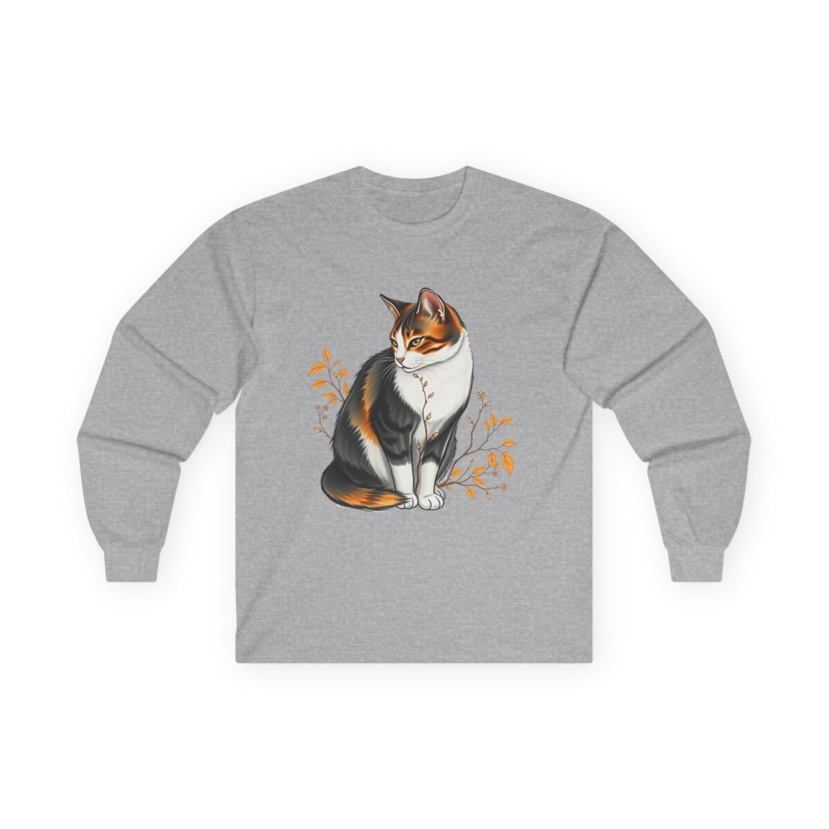 13628674469225123017_2048.jpeg Grey long-sleeve t-shirt with a calico cat and autumn leaves design.