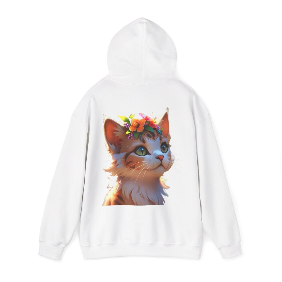 13783677328474066978_2048.jpeg White hoodie with a cute cartoon cat wearing a flower crown on the back.