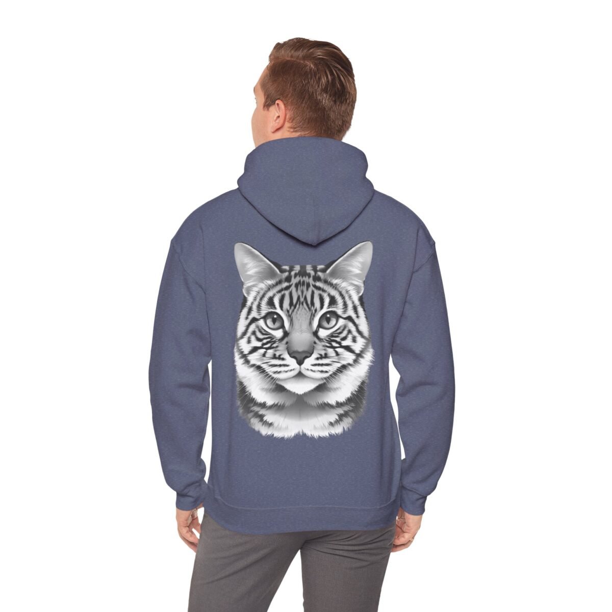 13802593081259975126_2048.jpeg Person from behind wearing a blue hoodie with a black and white striped cat face on the back.
