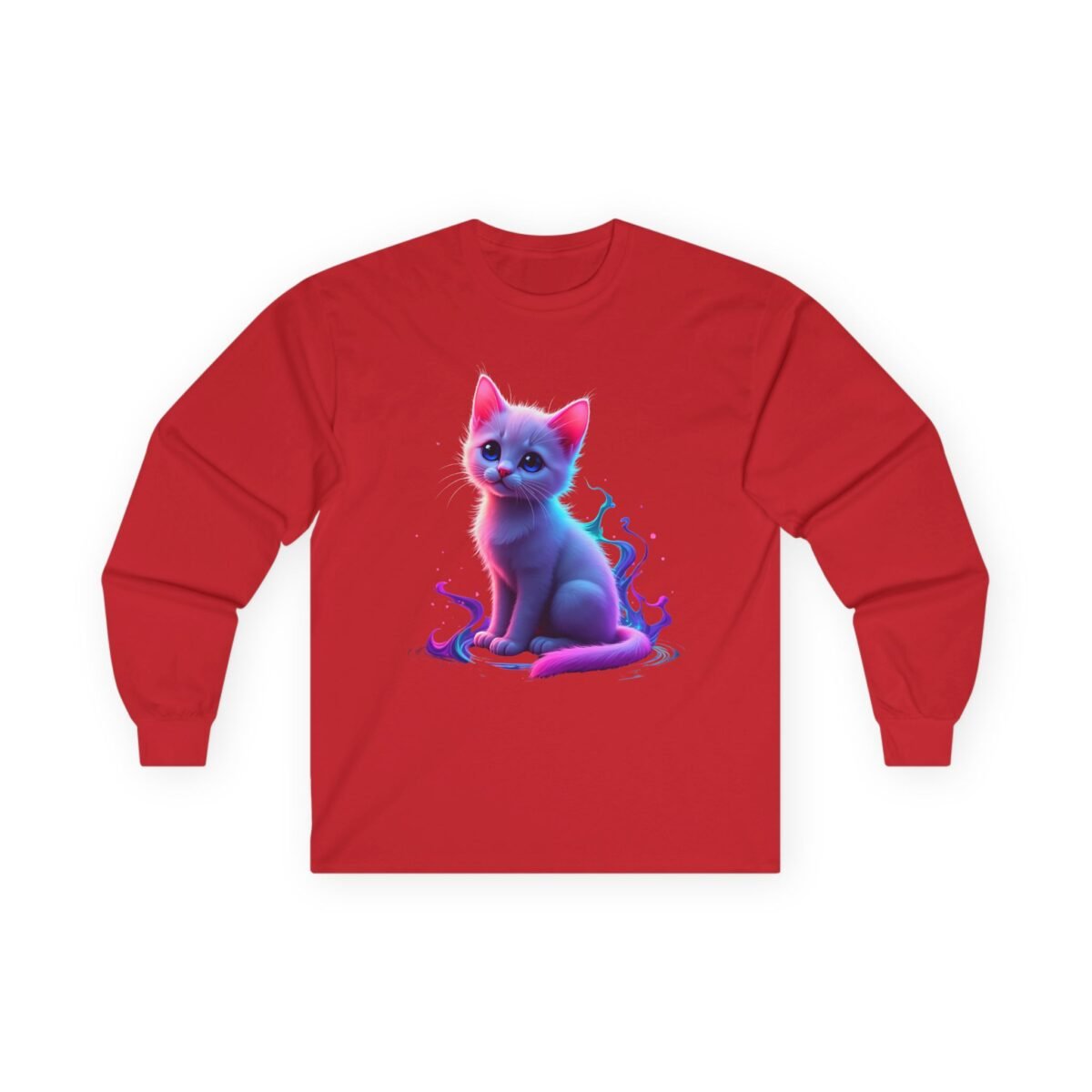 13816030960843742876_2048.jpeg Red long-sleeved shirt with a cute, vibrantly colored kitten graphic.