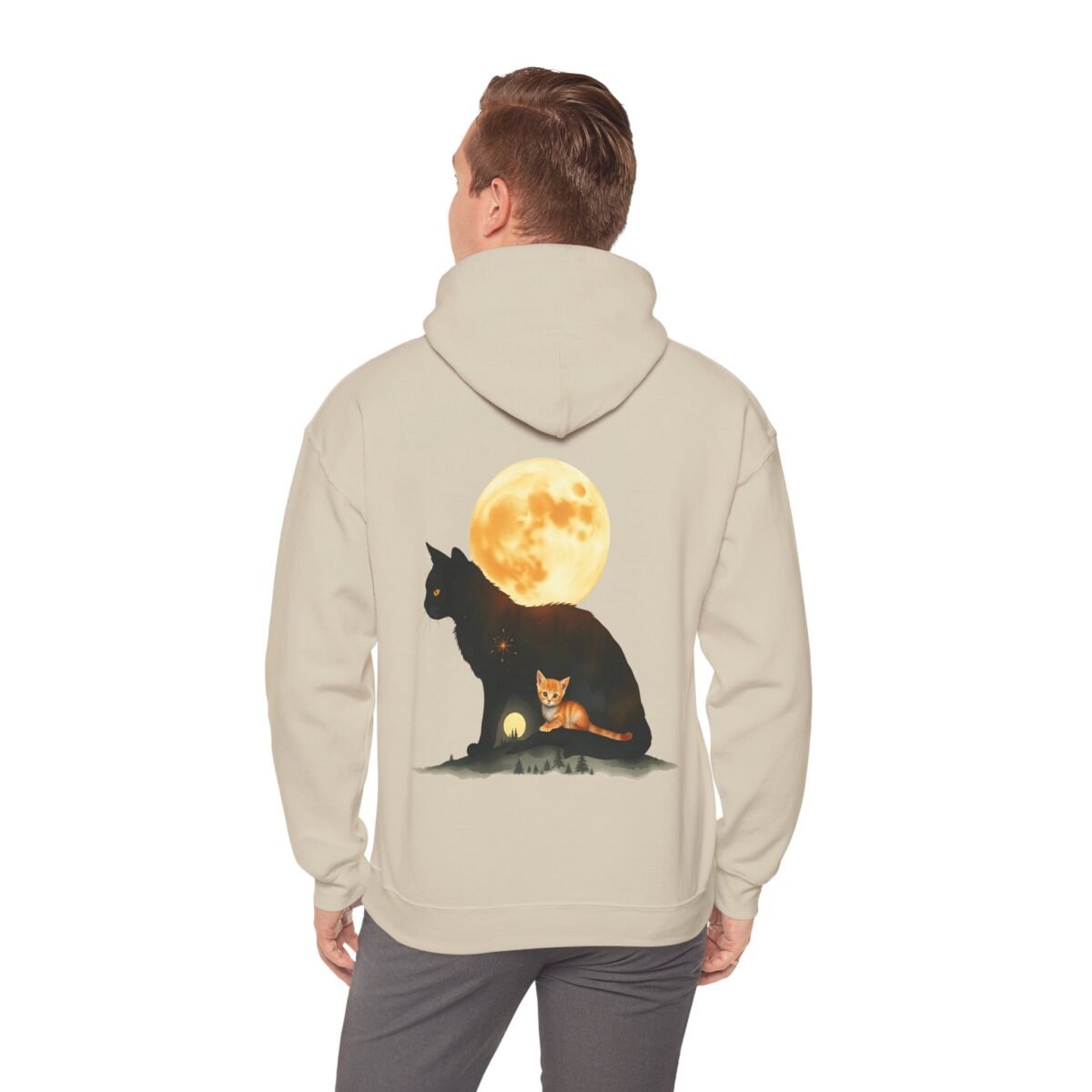 13816470389921627572_2048.jpeg Beige hoodie with a black cat silhouette containing an orange kitten and a full moon on the back.