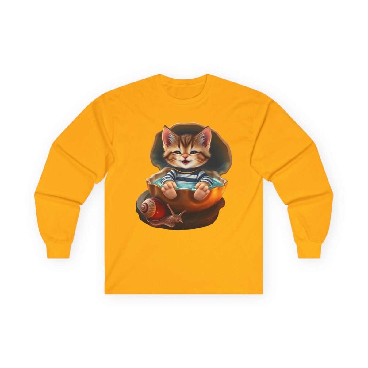 13823389033418251427_2048.jpeg Orange long-sleeve t-shirt with a graphic of a smiling kitten bathing in a clam shell with a snail.
