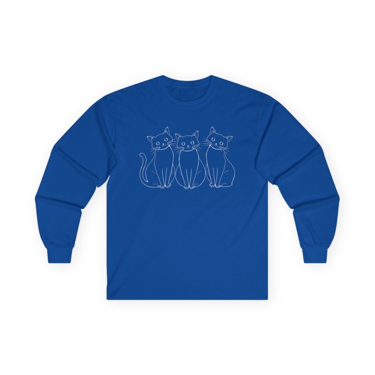 13838756497601671761_2048.jpeg Blue long-sleeve shirt with a white outline drawing of three cats.
