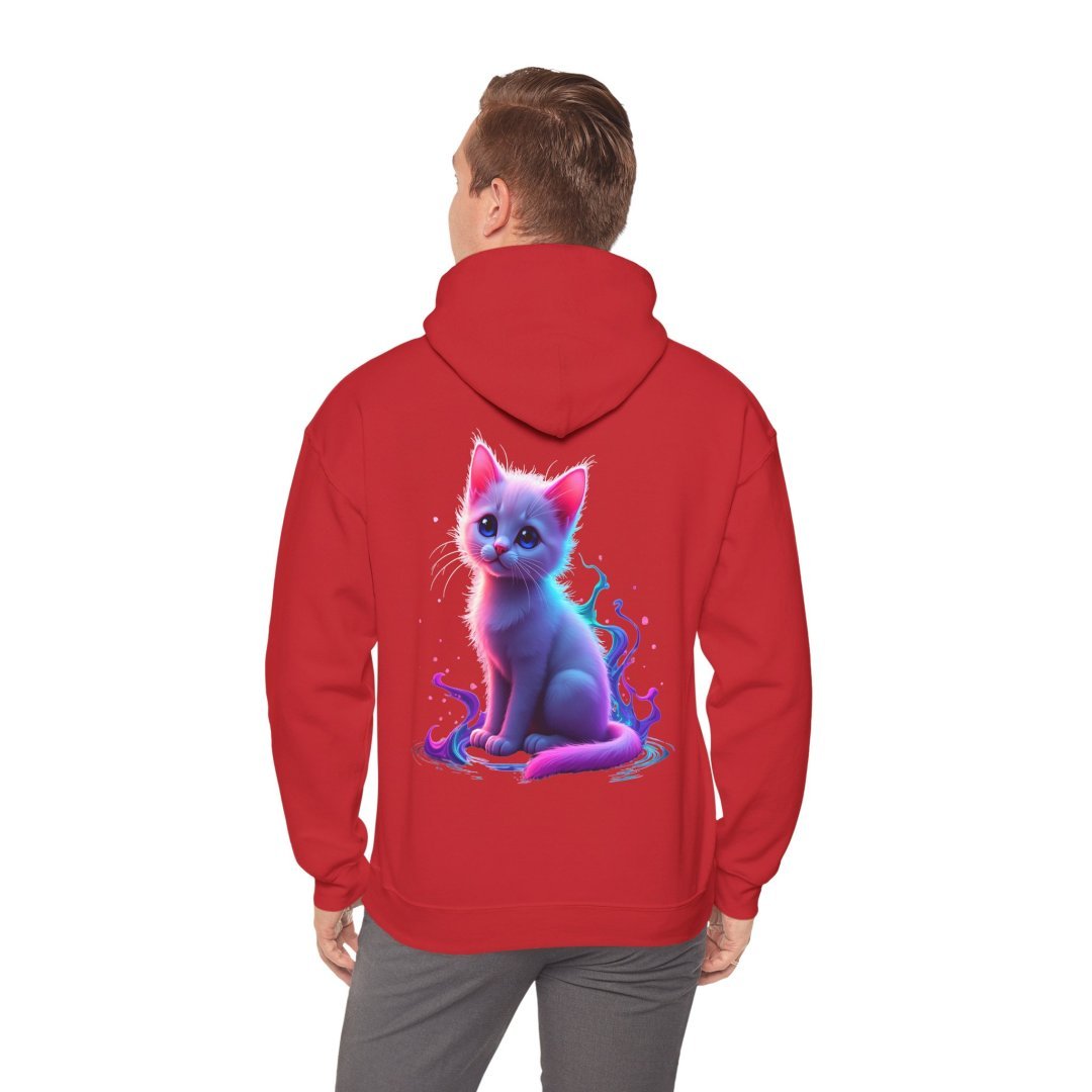 13853083686062207295_2048.jpeg Person wearing a red hoodie with a colorful kitten design on the back.