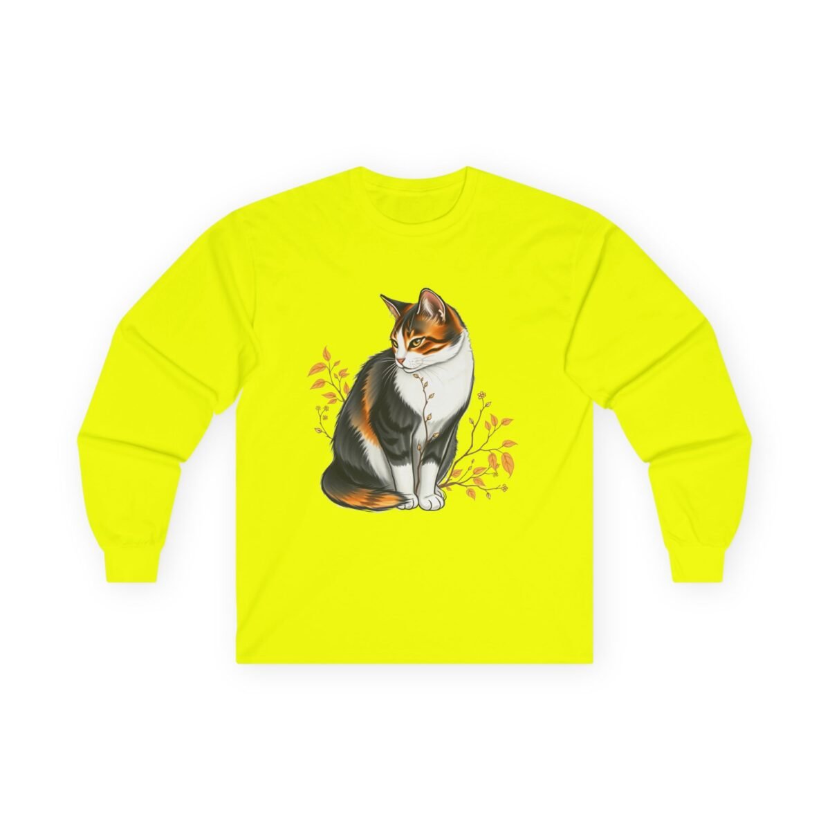 13932143884490559842_2048.jpeg Bright yellow long-sleeve t-shirt featuring a calico cat surrounded by orange leaves.
