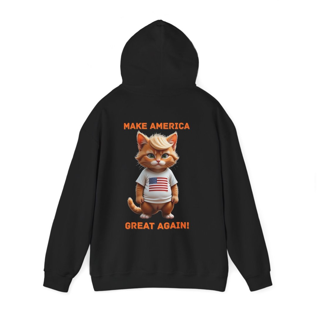 14000621702548898331_2048.jpeg Black hoodie with a cartoon cat wearing a USA shirt and text 'Make America Great Again'.
