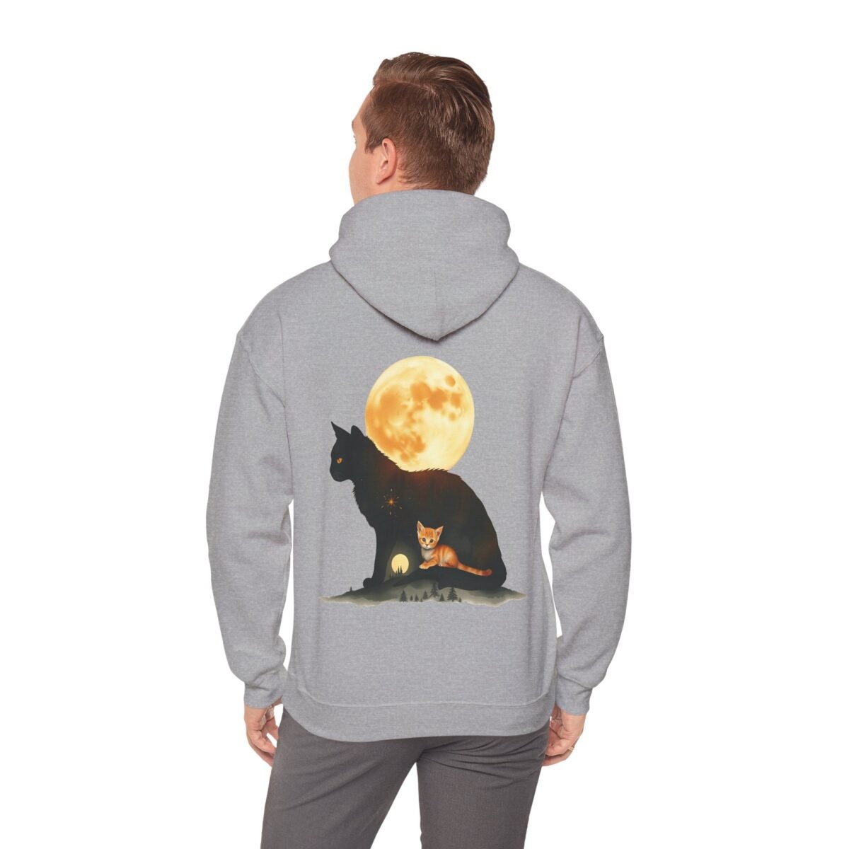 14154808434057803691_2048.jpeg Grey hoodie featuring a black cat silhouette with an orange kitten inside, beneath a large full moon.