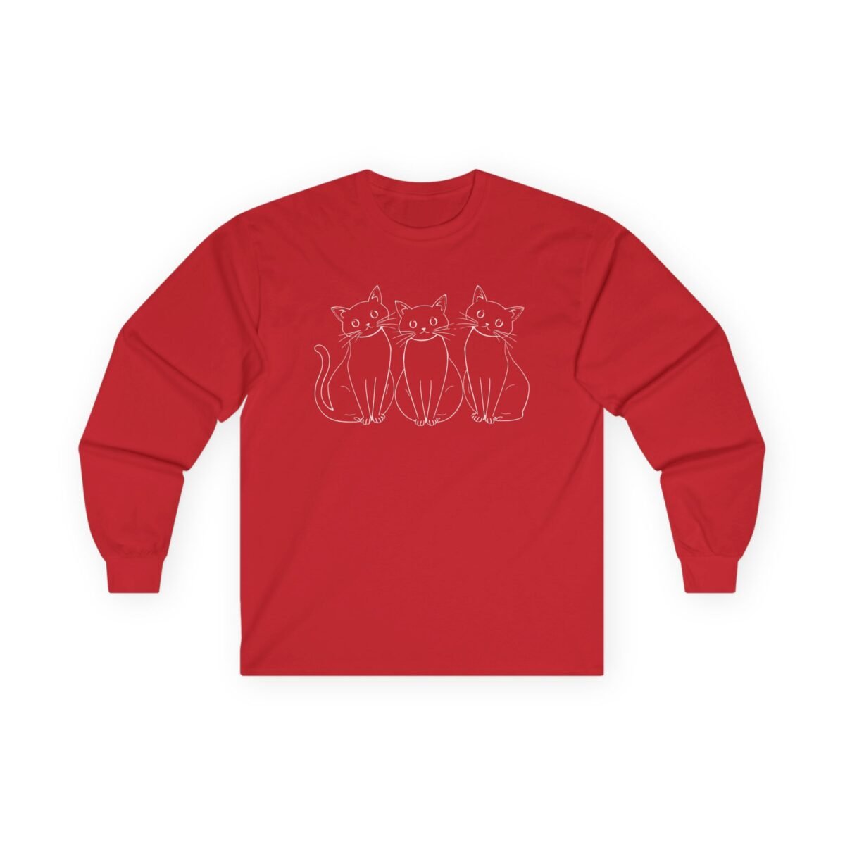 1415799160832170936_2048.jpeg Red long-sleeve shirt with a white outline drawing of three cats.