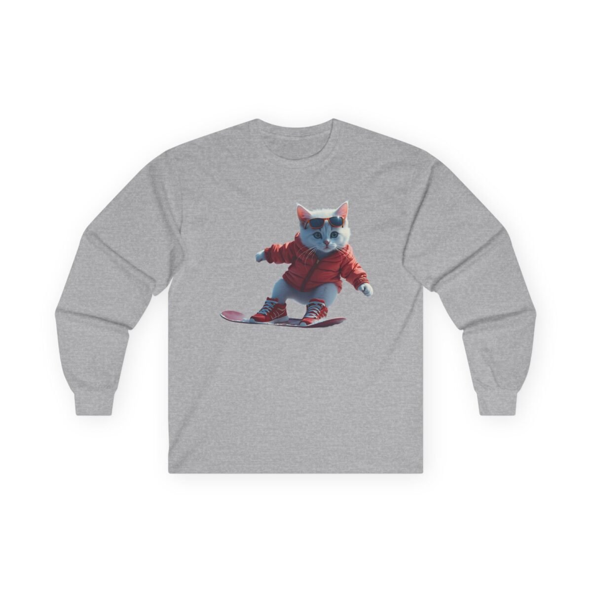 14179343185020477447_2048.jpeg Grey long-sleeved shirt with a white cat in a red jacket and sunglasses snowboarding.