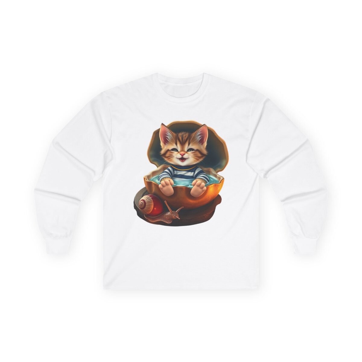 14233728869817967481_2048.jpeg White long-sleeved shirt featuring a cute, smiling kitten bathing in a clam shell resting on a snail.