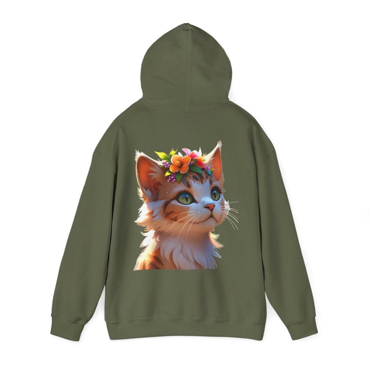 14243107712535793921_2048.jpeg Olive green hoodie with a cartoon cat wearing a flower crown on the back.
