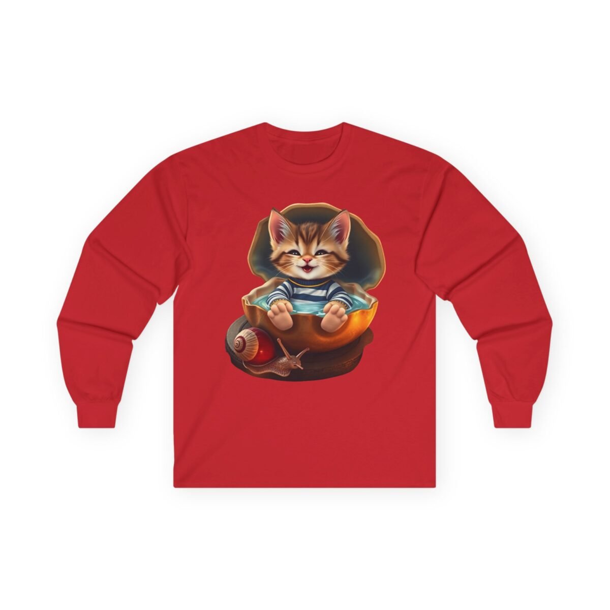 14252065999897383745_2048.jpeg Red long-sleeved t-shirt with a smiling kitten in a clam shell bath next to a snail.