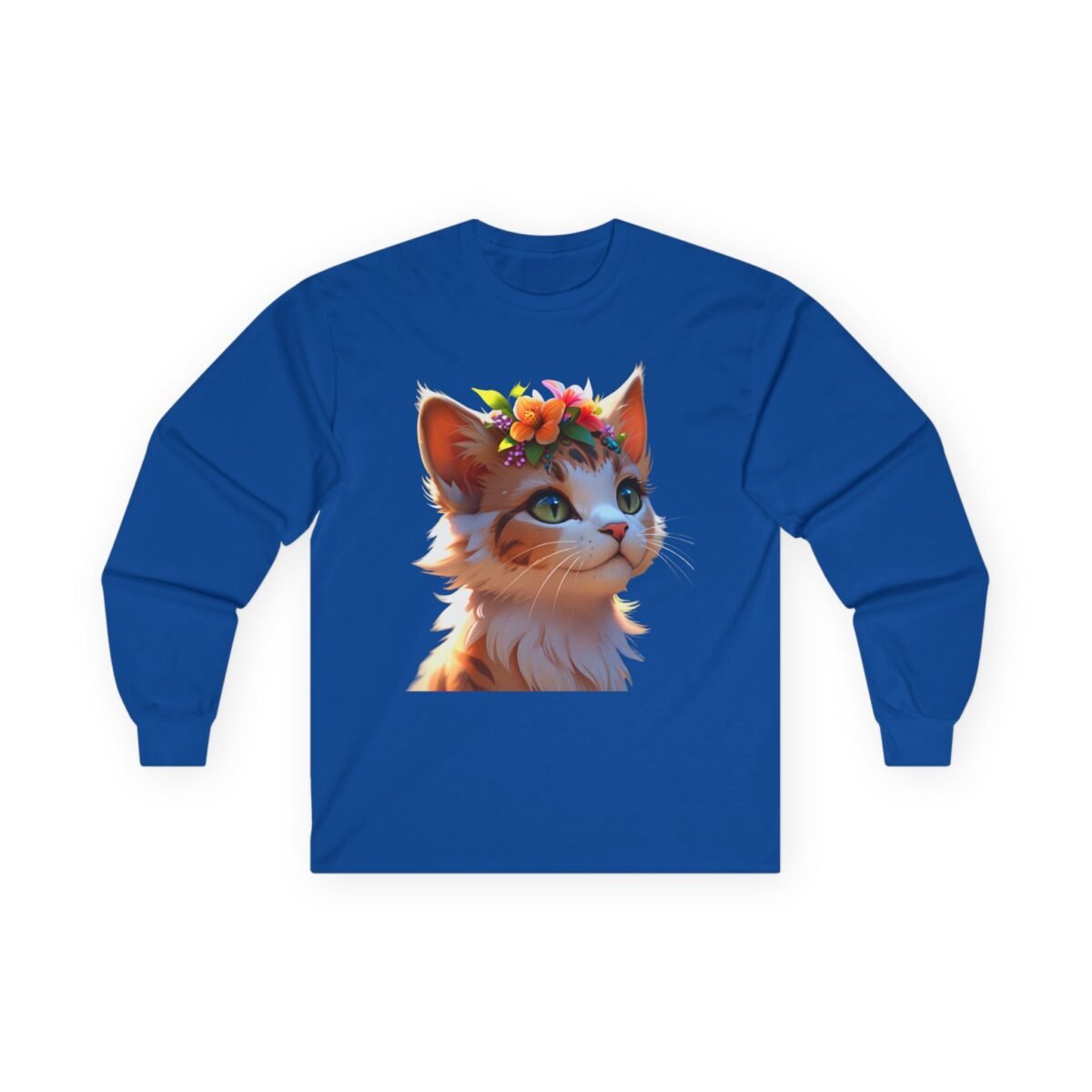 14254505629053295589_2048-1.jpeg Blue long-sleeve shirt featuring an orange and white cat wearing a flower crown.