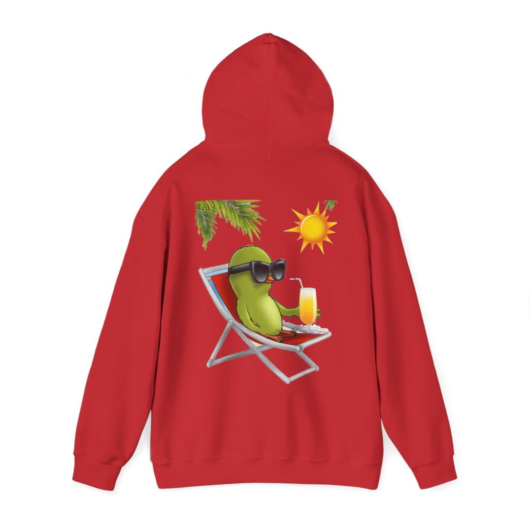 14284191095067834003_2048.jpeg Red hoodie with a cartoon avocado lounging on a chair under the sun.