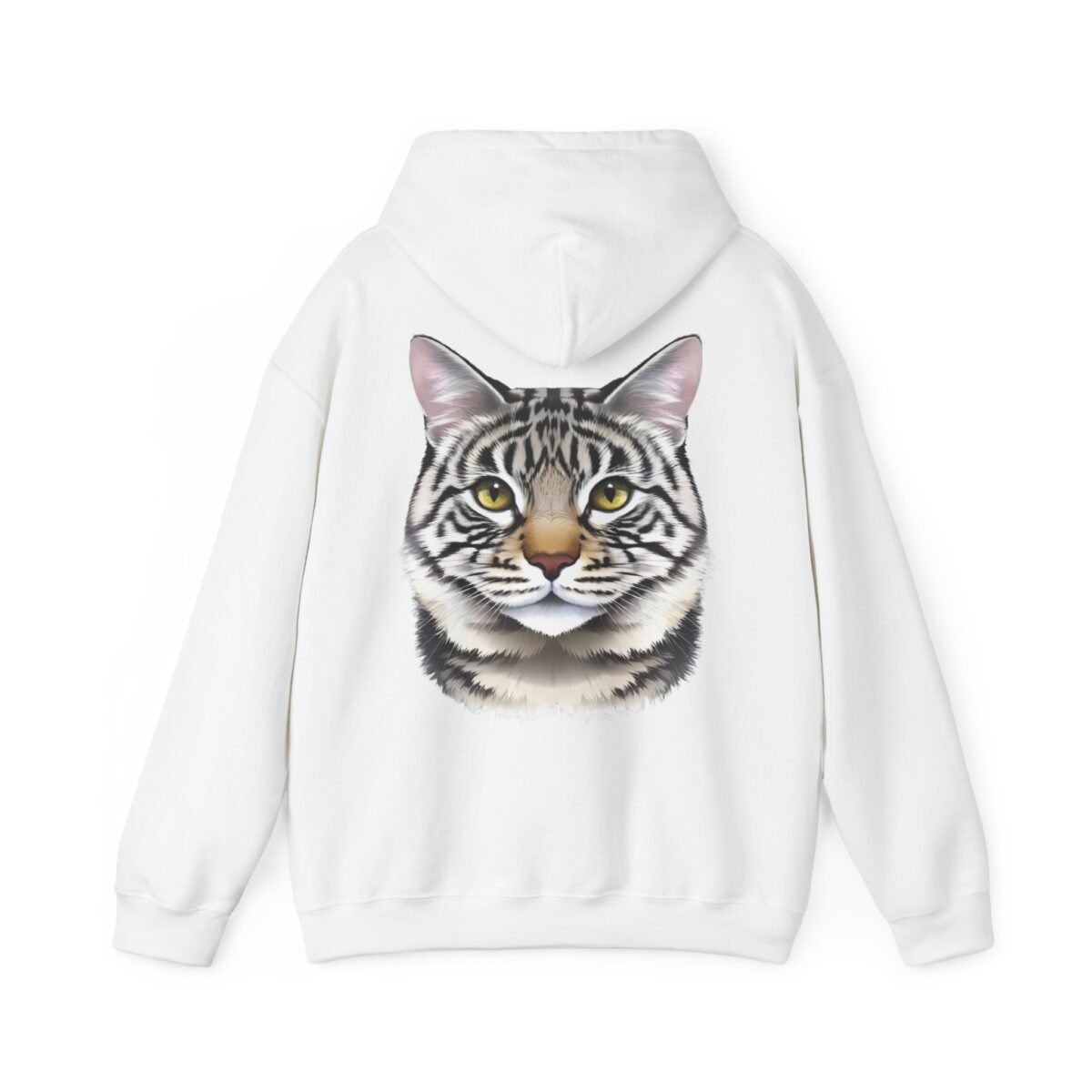 14294267261144868103_2048.jpeg White hoodie with a realistic striped cat face and yellow eyes on the back.