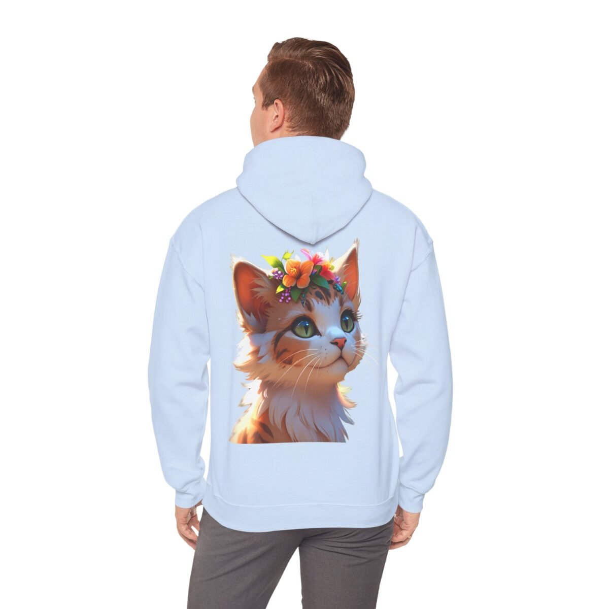 14350465231169346709_2048.jpeg A person from behind wearing a light blue hoodie with an orange cat in a flower crown printed on the back.