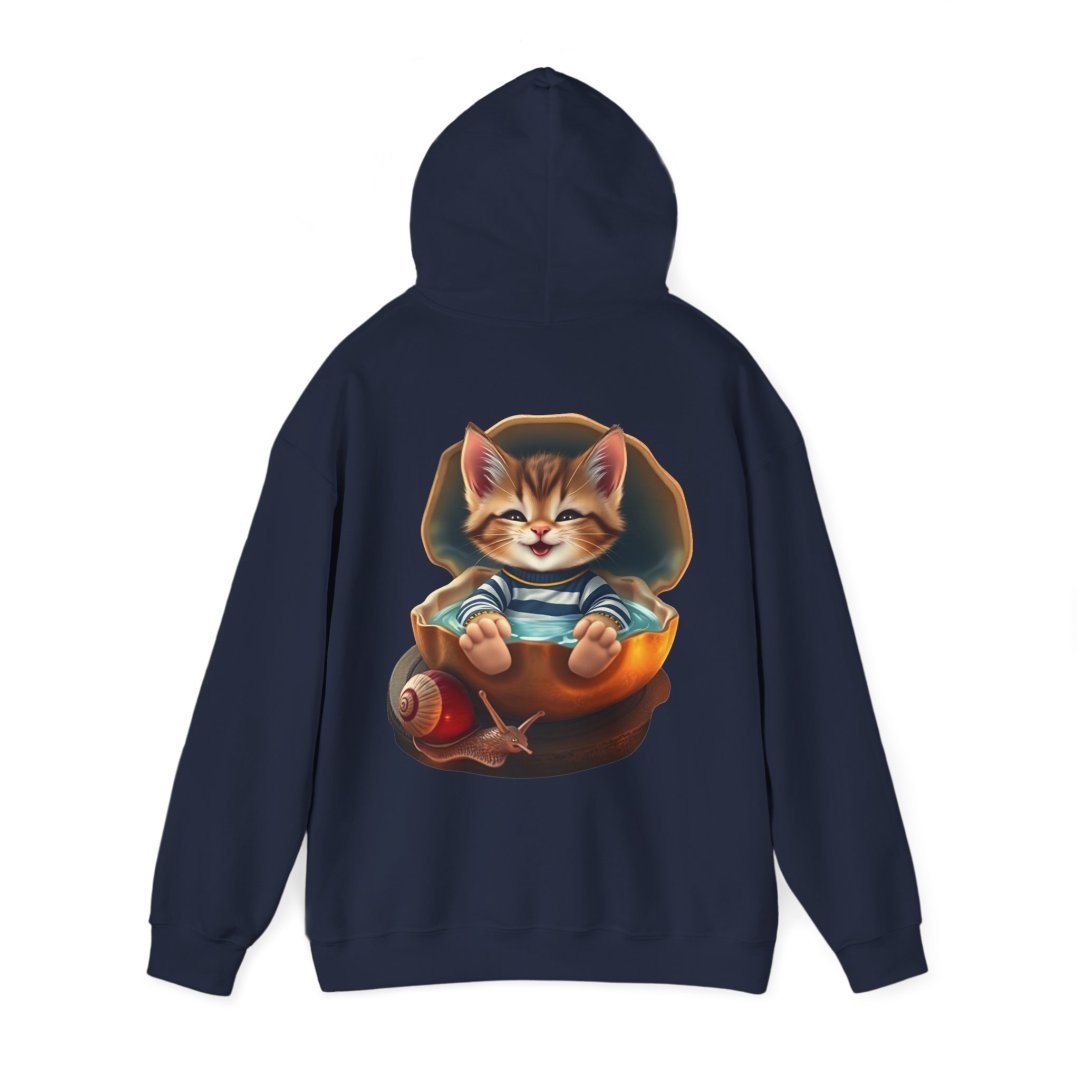 14362304549427735265_2048.jpeg Navy hoodie with a cute kitten and snail illustration on the back.