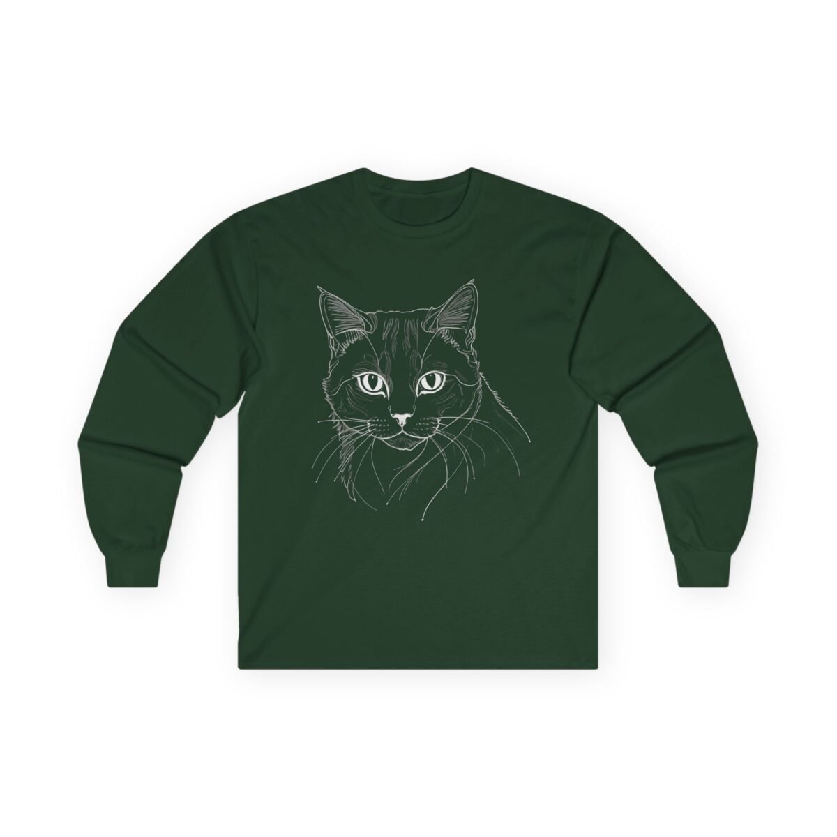 14522725039318872696_2048.jpeg Dark green long-sleeve shirt with a white line art cat face.