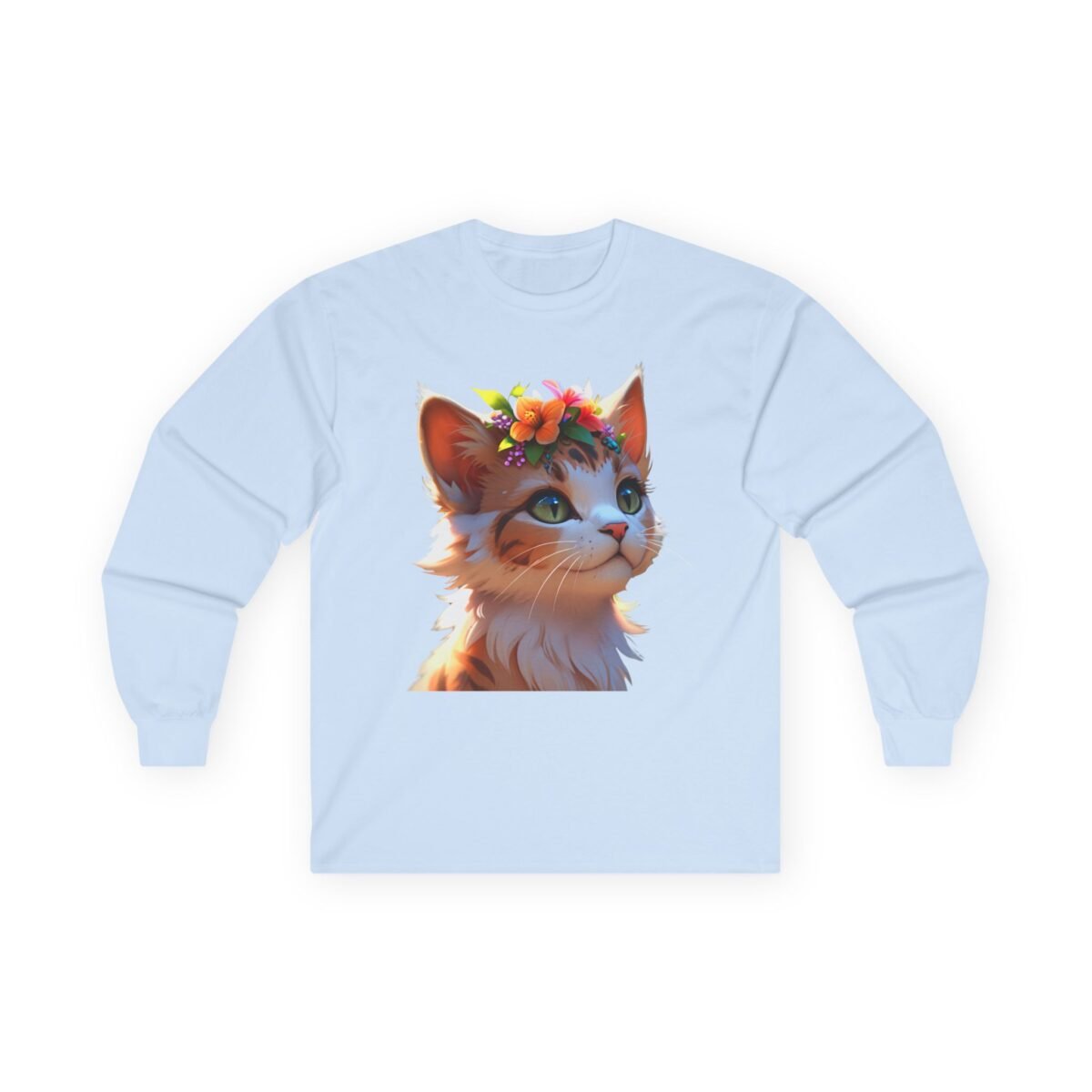 14540573886068886240_2048-1.jpeg Light blue long-sleeved shirt with a cute orange tabby cat wearing a colorful flower crown.