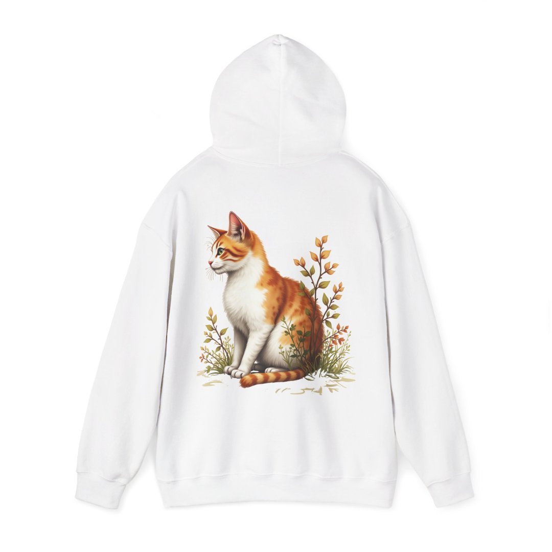 14562285466958465523_2048.jpeg White hoodie with a printed image of an orange and white cat sitting among plants.