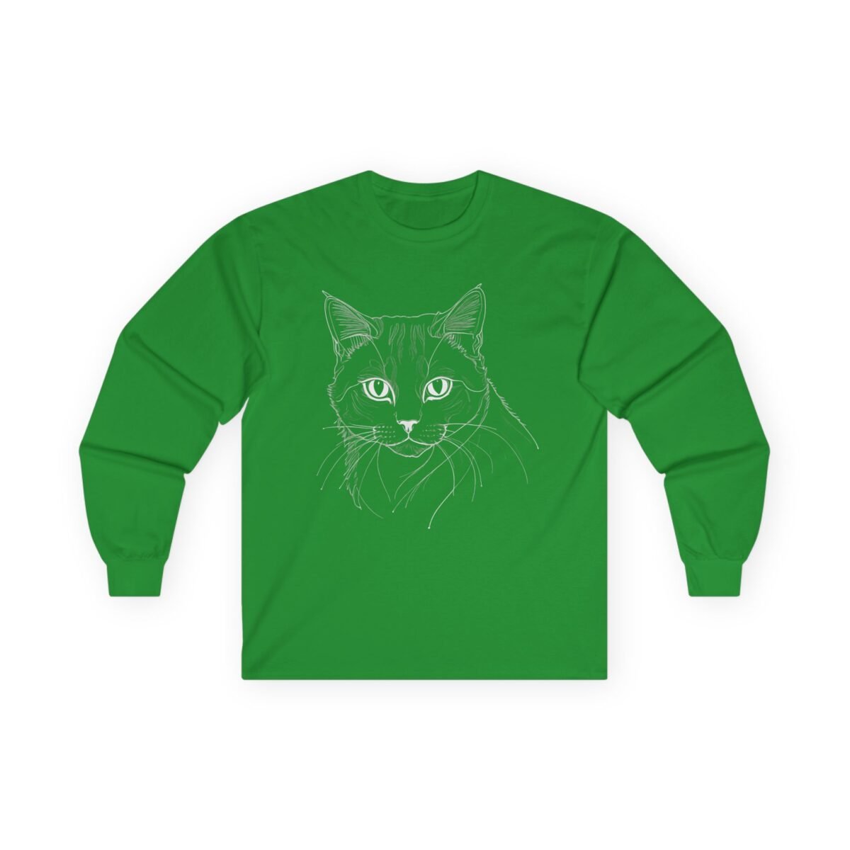 14609210100881628999_2048.jpeg Green long-sleeve t-shirt with a white line art cat face.
