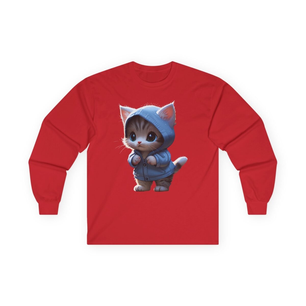 1464922437734783757_2048.jpeg Red long-sleeve t-shirt with a cute cartoon kitten in a blue hoodie.