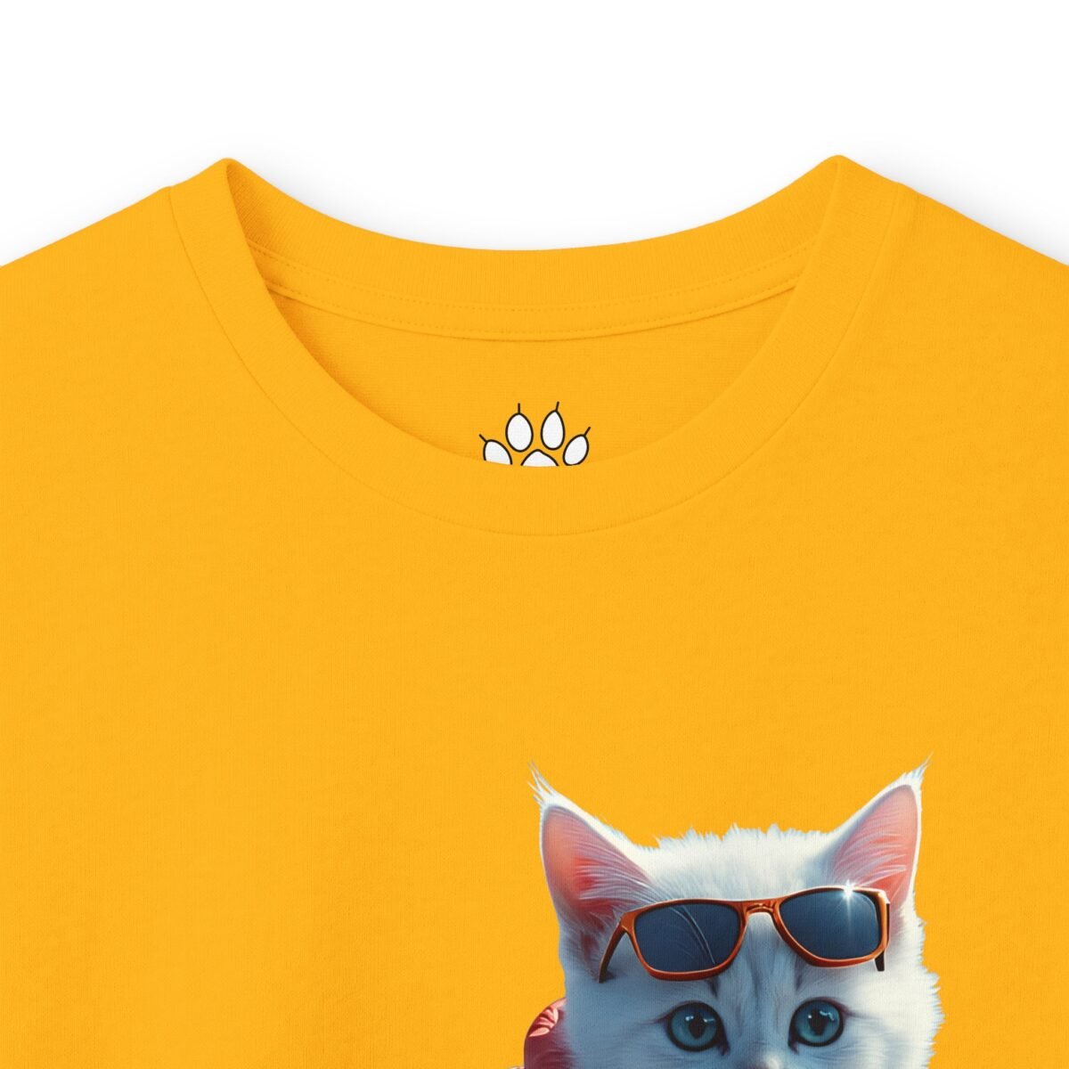 14663752540575650792_2048.jpeg Yellow t-shirt featuring a white cat wearing sunglasses peeking from the bottom, with a paw print graphic above the collar.