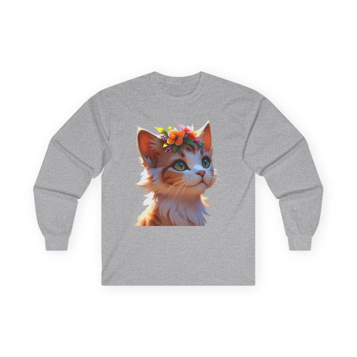 14727296306637397722_2048-1.jpeg Grey long-sleeve shirt with a cartoon ginger cat wearing a flower crown.