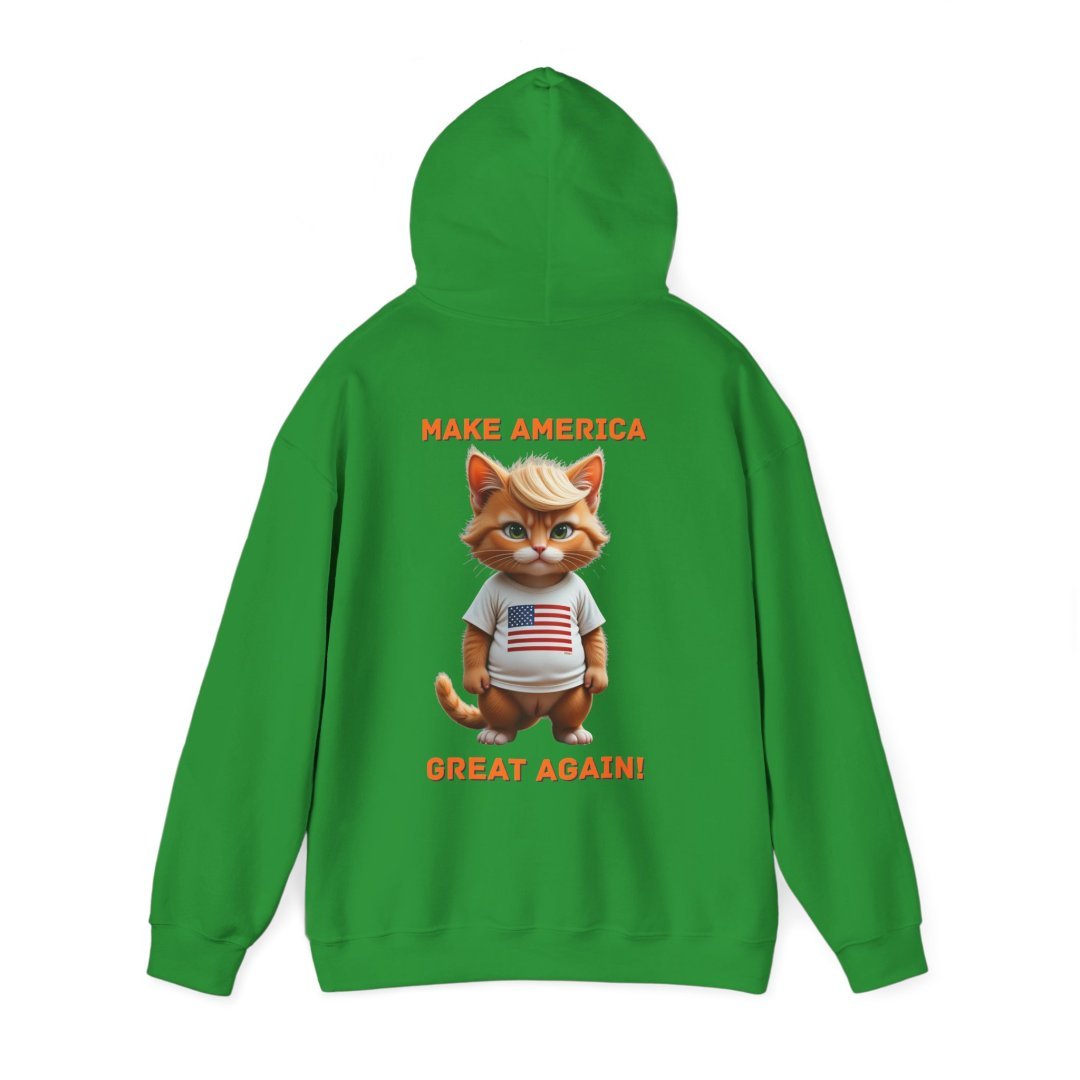 14754174235052852546_2048.jpeg Green hoodie with a cat wearing a USA shirt and text 'Make America Great Again'.