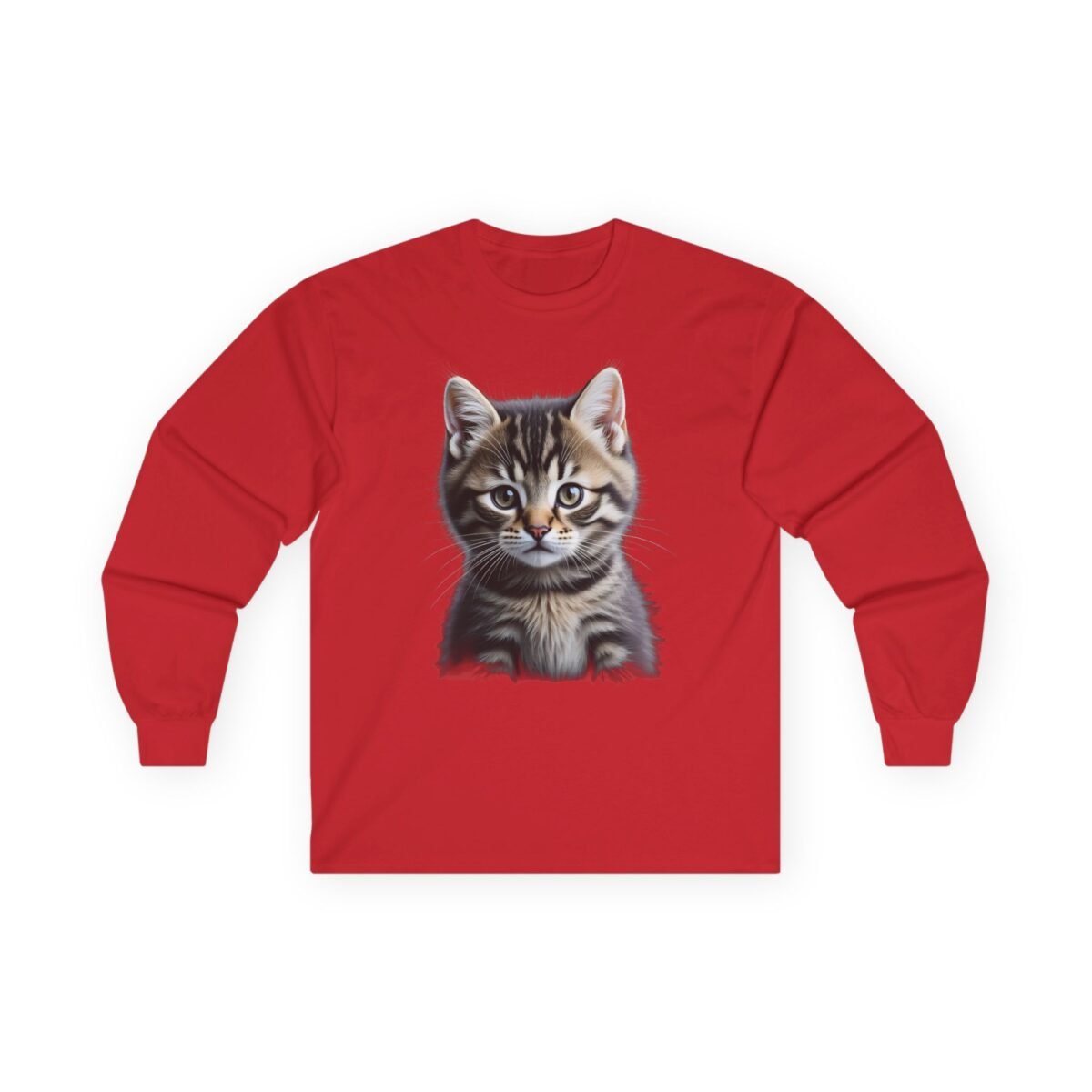 14757167078811257250_2048-1.jpeg Red long-sleeved shirt with a cute tabby kitten print.