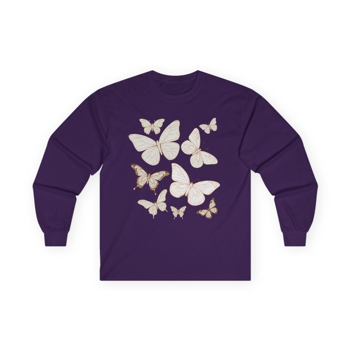 147897483447121252_2048.jpeg Purple long-sleeved shirt with cream and brown butterfly design.